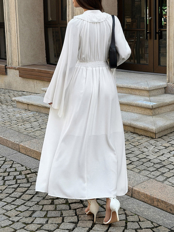 Robe longue plissée volantée taille haute, à manches longues, à col en V, couleur unie