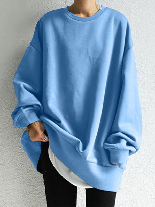 Sweat-shirt décontracté ample à col rond, couleur unie