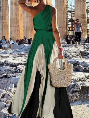 Robe longue asymétrique plissée imprimée sans manches, asymétrique à une épaule