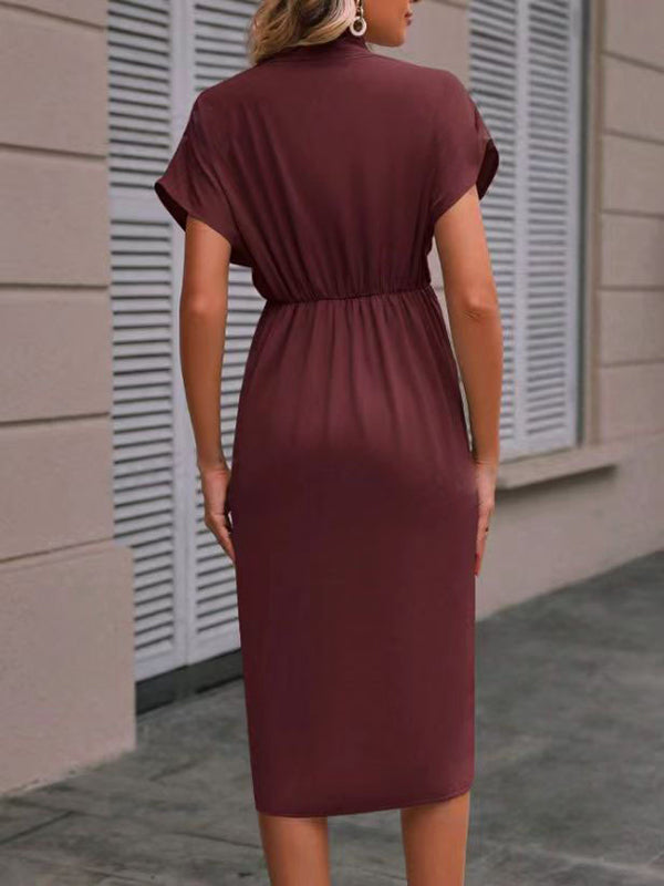 Robe mi-longue ample plissée fendue devant à ourlet plongeant, à nœud, à col en V, couleur unie