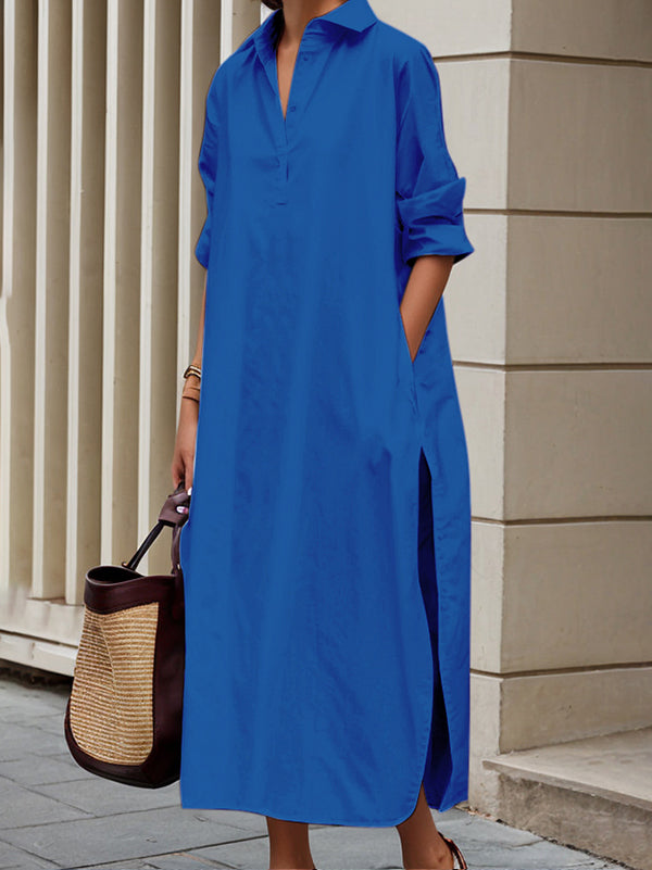 Robe chemise mi-longue à manches longues et poches boutonnées, couleur unie, revers fendu sur le côté