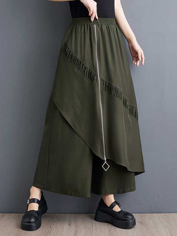 Pantalon jupe-culotte taille haute, ample, élastique, poches plissées, fermeture éclair, à empiècements