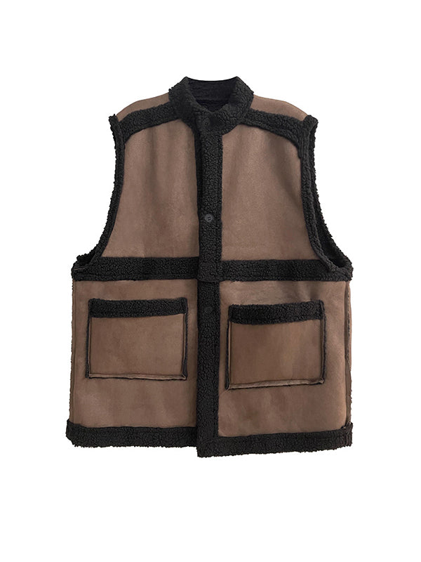 Gilet sans manches ample boutonné à poches, à empiècements, à col montant