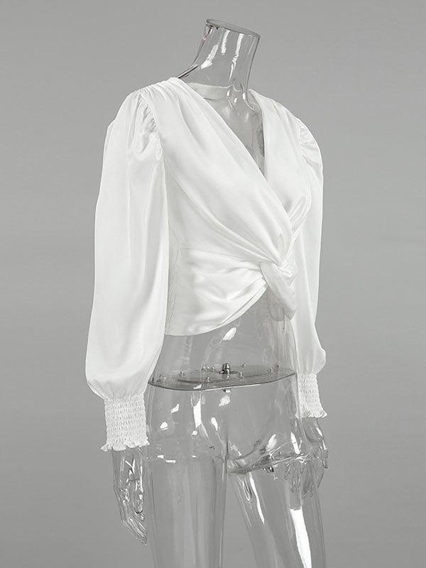 Chemisier ample plissé à manches bouffantes, à taille élastique, à empiècements, à col en V, couleur unie