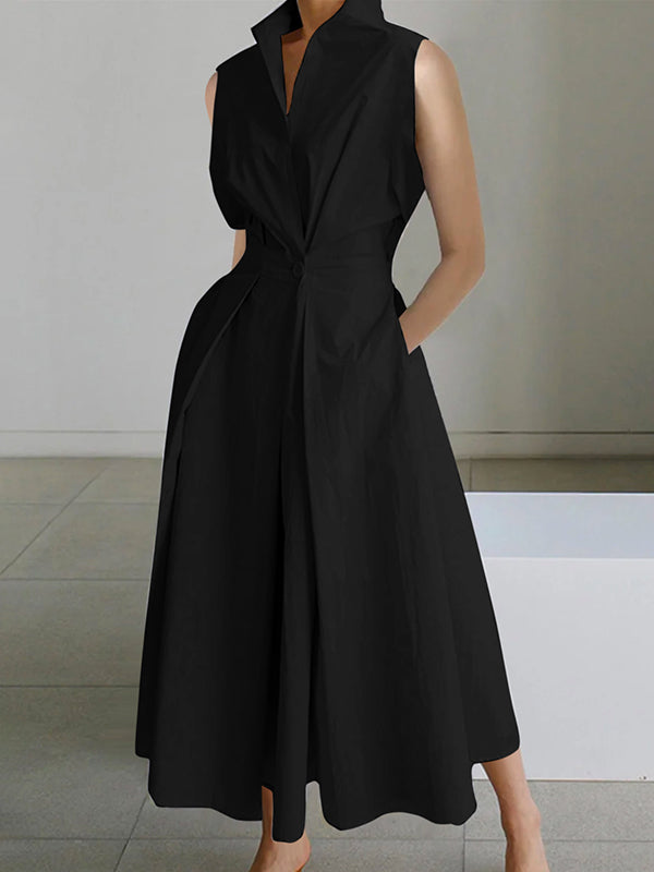 Robe mi-longue sans manches, à col revers, couleur unie