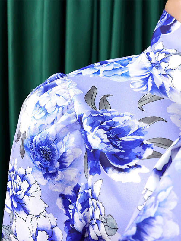 Ensemble deux pièces fendu dans le dos à manches longues, à imprimé floral, couleur unie – chemisier + jupe
