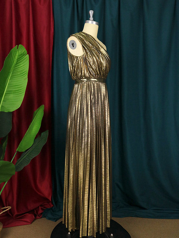 Robe longue ample asymétrique plissée brillante taille haute, asymétrique à une épaule, couleur unie