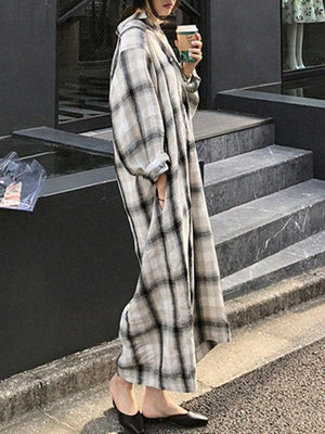 Robe chemise ample à manches longues, à carreaux, à empiècements, à taille nouée, à col revers