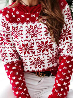 Pull à manches longues, à fleurs en tricot, à col rond, couleur contrastée