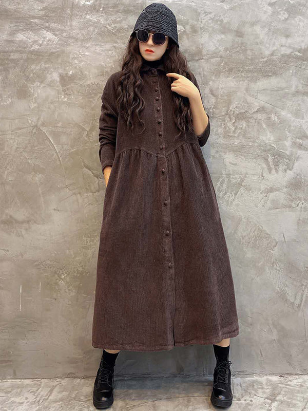 Robe Originale à Revers en Velours Côtelé Uni