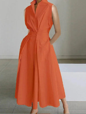 Robe mi-longue sans manches, à col revers, couleur unie