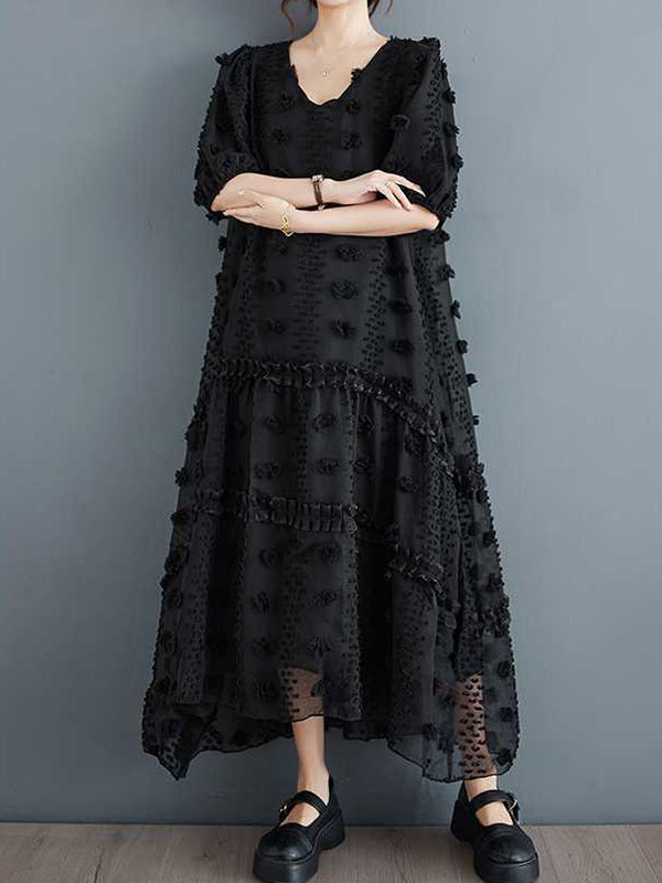 Robe mi-longue coupe trapèze, à manches mi-longues, à taille élastique, en jacquard, à empiècements, à col en V, couleur unie