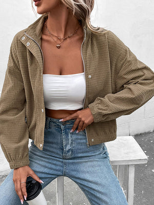 Veste ample boutonnée à manches longues, à fermeture éclair, à col revers, couleur unie