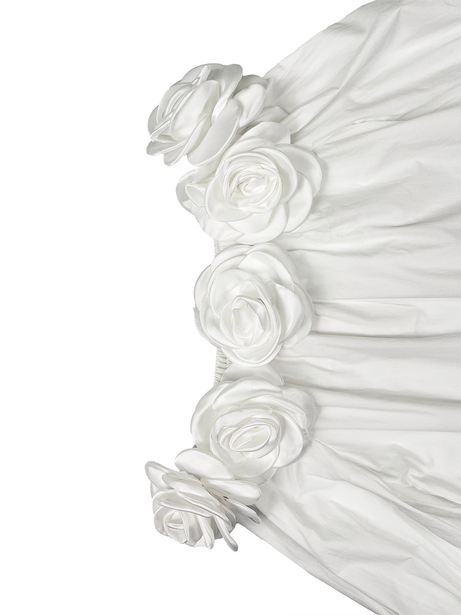 Robe courte ample à manches mi-longues, à poches, à fleurs en 3D, à épaules dénudées, couleur unie