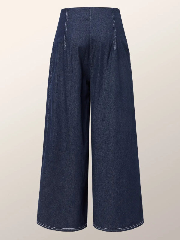 Bas de pantalon en jean à empiècements et plissé, taille haute