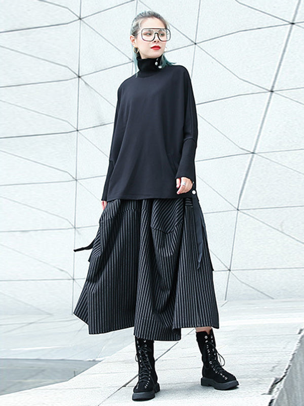 Pantalon jupe-culotte rayé taille haute avec poches élastiques amples
