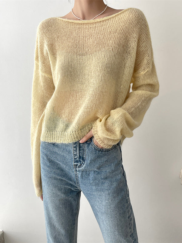 Pull fin tricoté en Mohair doux, manches longues, couleur unie, hauts fins