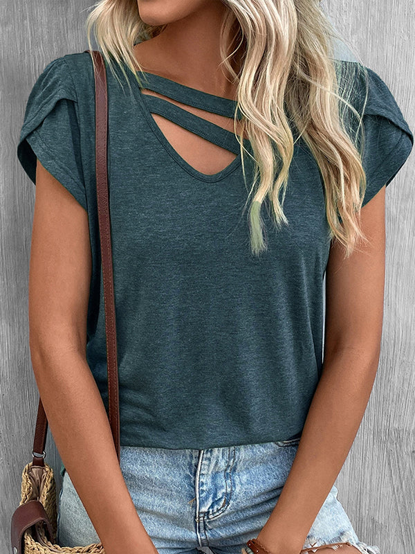 T-shirt ample à manches courtes, à col en V, couleur unie