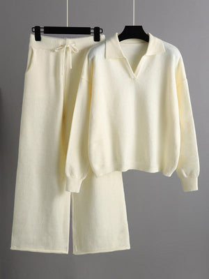 Ensemble deux pièces urbain à manches longues, col polo, à jambes larges, couleur unie – pull + pantalon