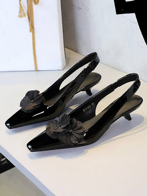 Escarpins à bride arrière à taille élastique, en forme de fleur, à bout pointu, à empiècements
