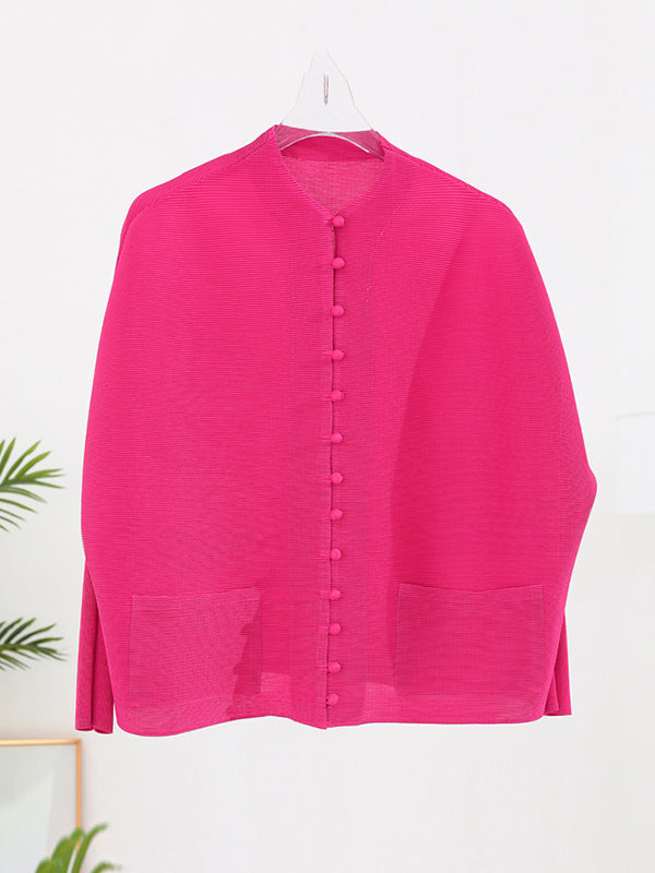 Veste ample boutonnée plissée à manches longues, à poches, à col rond, couleur unie