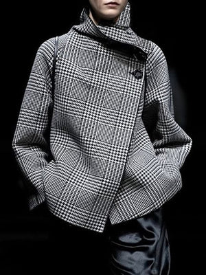 Veste ample asymétrique à manches longues, à motif pied-de-poule, à carreaux, à col montant