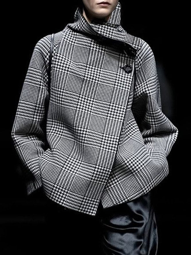 Veste ample asymétrique à manches longues, à motif pied-de-poule, à carreaux, à col montant