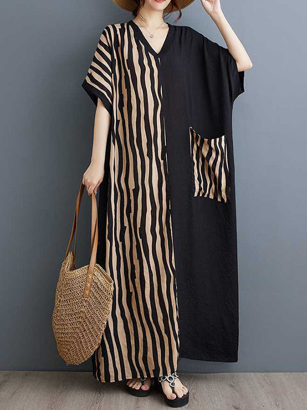 Robe longue rayée coupe trapèze, à manches chauve-souris, à poches, à empiècements, à col en V, couleur contrastée