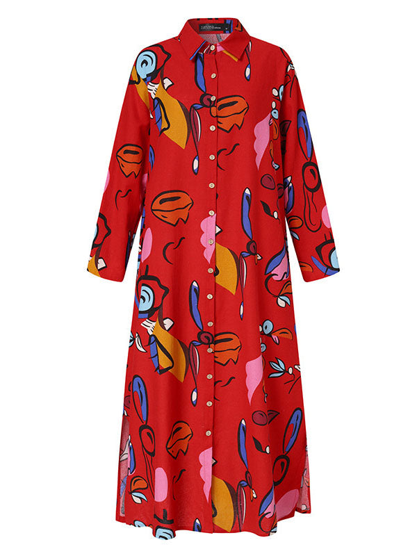 Robe chemise ample boutonnée imprimée à manches longues, à poches, à col revers