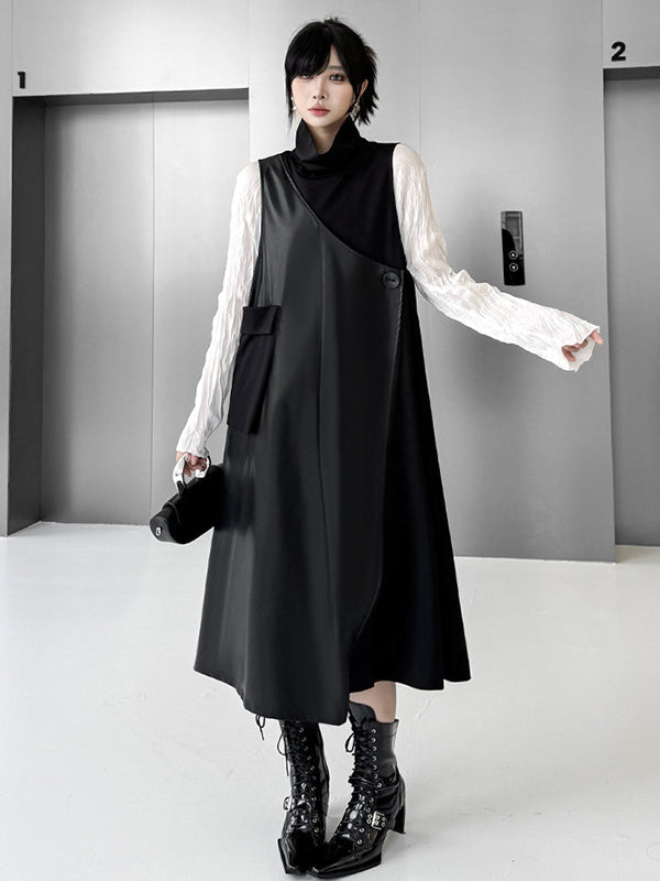 Robe mi-longue ample asymétrique boutonnée à coupe irrégulière, à empiècements, à col haut, couleur unie