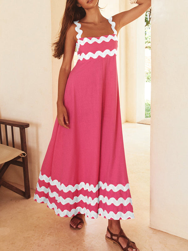 Robe mi-longue coupe trapèze, taille haute, à fermeture éclair, à col carré, couleur contrastée