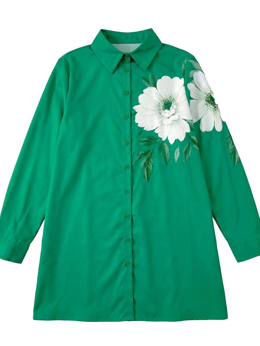 Chemisier boutonné à ourlet plongeant, à manches longues, à imprimé floral, à col revers