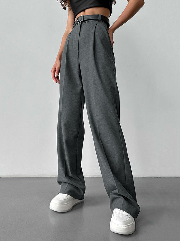 Pantalon ample taille haute, sans ceinture, couleur unie