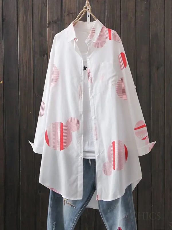 Chemise ample imprimée à manches longues, à pois, à col revers