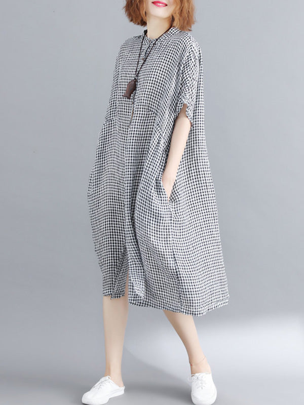 Robe mi-longue artistique ample boutonnée rétro, à empiècements, à carreaux, à col montant, à manches mi-longues