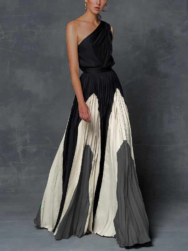 Robe longue asymétrique plissée imprimée sans manches, asymétrique à une épaule