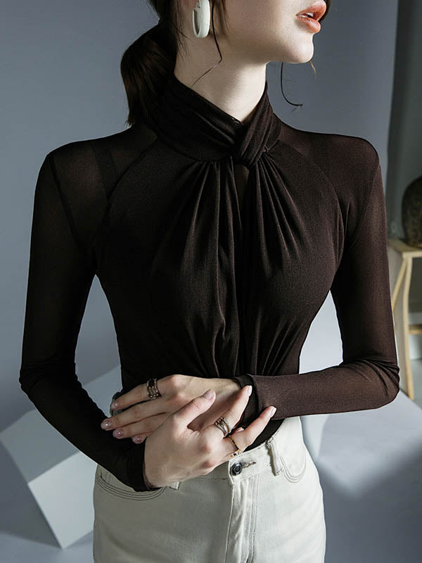 Blouses à manches longues grandes tailles en maille ajourée plissée transparente, couleur unie, col roulé torsadé