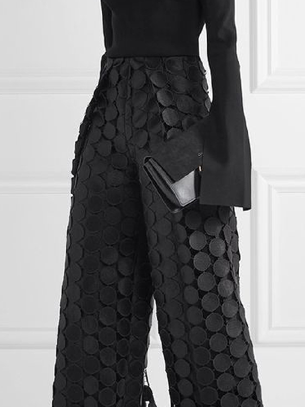 Pantalon ajouré taille haute, à jambes larges, à pois, couleur unie