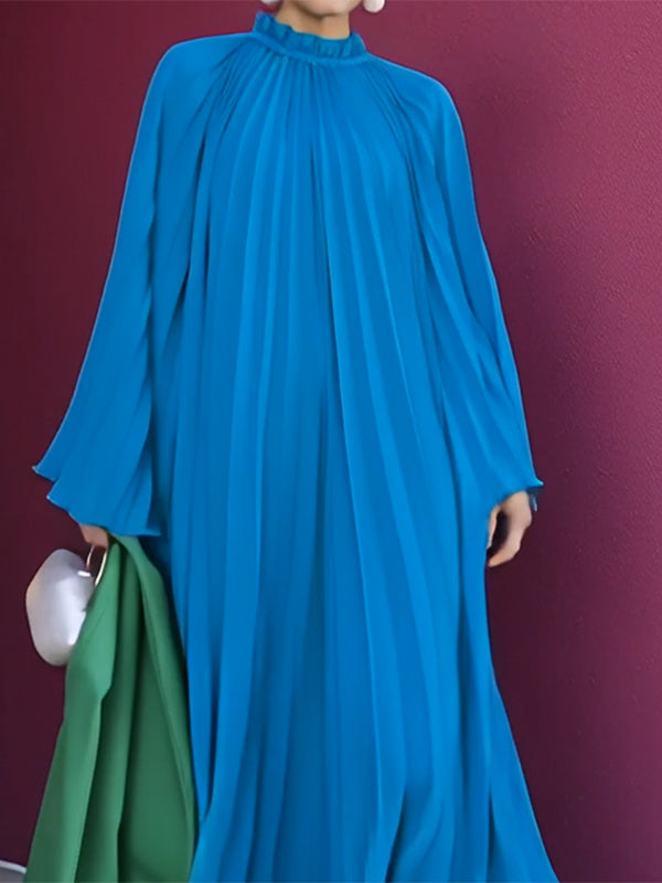 Robe longue ample plissée volantée à manches évasées, à empiècements, à col haut, couleur unie