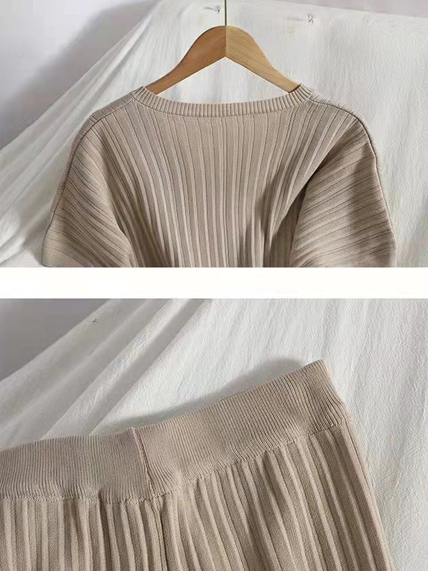 Ensemble deux pièces ample en tricot, à manches raglan, à col en V, couleur unie – pull + haut + pantalon