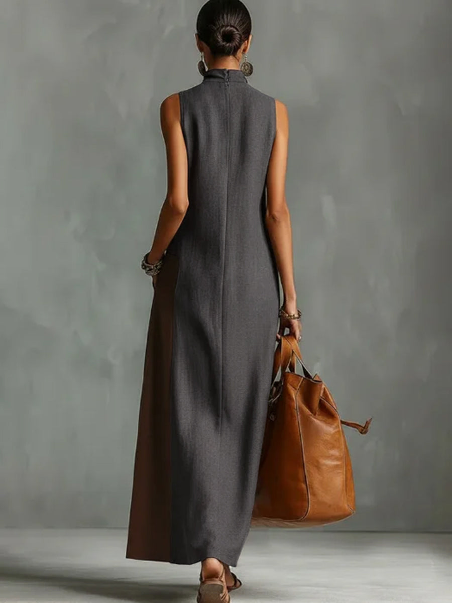 Robe longue ample asymétrique sans manches, à poches, à empiècements, à col cheminée, couleur contrastée
