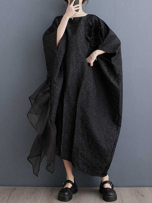 Robe mi-longue ample asymétrique plissée à manches chauve-souris, en forme de fleur, en gaze, en jacquard, à empiècements, à col rond, couleur unie