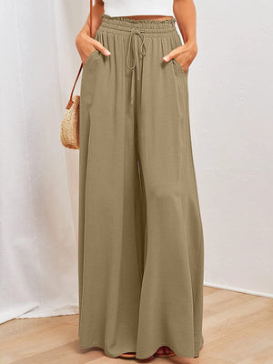 Pantalon ample plissé taille haute, à cordon de serrage, à taille élastique, à poches, couleur unie