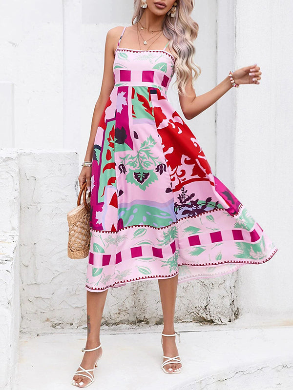 Robe mi-longue sans col, taille haute, plissée, imprimée, fendue, sans col
