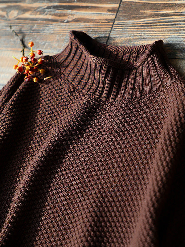 Pull décontracté ample à manches longues, à col haut, couleur unie