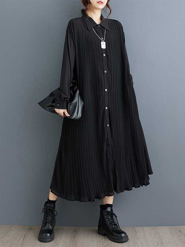 Robe chemise boutonnée plissée coupe trapèze, à manches longues, à poches, à empiècements, à col revers