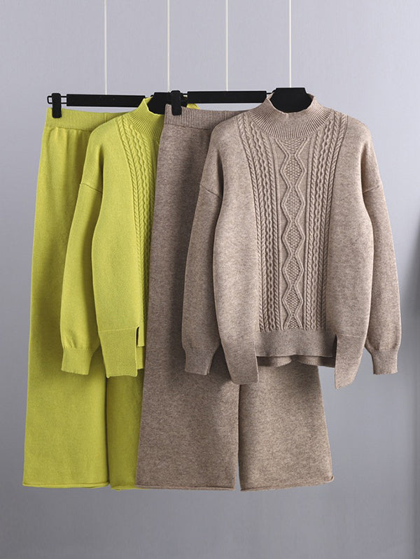 Ensemble deux pièces urbain ample, pull à demi-col roulé et pantalons à jambes larges