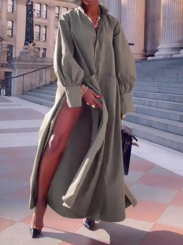 Robe chemise ample fendue sur le côté à manches longues, à empiècements, à col revers, couleur unie