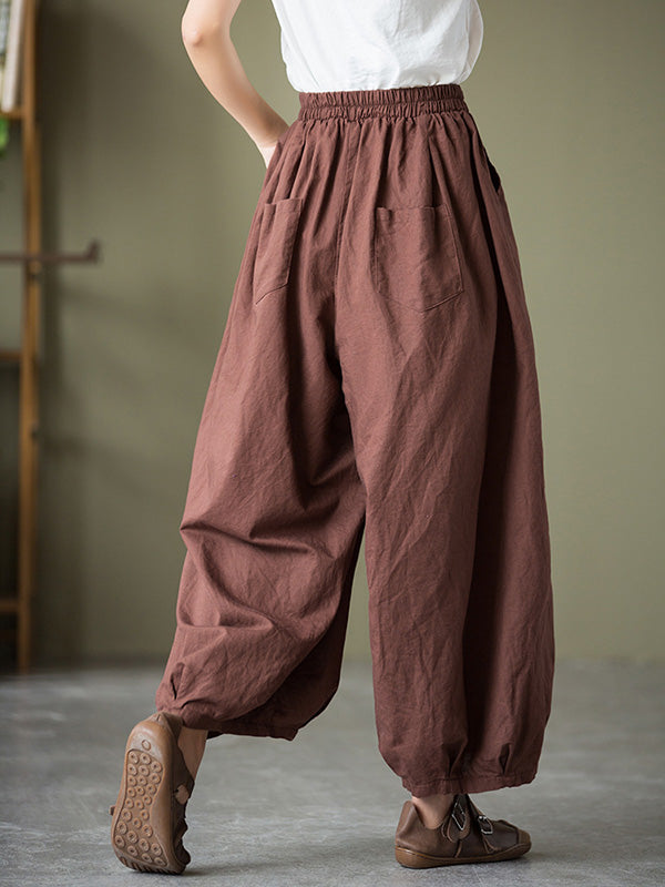 Knickerbockers à jambes larges et amples en lin, couleur unie, cordon de serrage plissé
