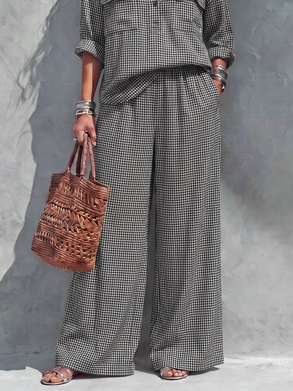 Pantalon ample à poches, à carreaux, à taille élastique, à jambes larges, couleur contrastée
